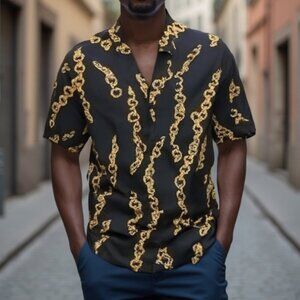 ❤️FATHER SONS Stylish Black and Gold Chain Print Men's Shirt XL